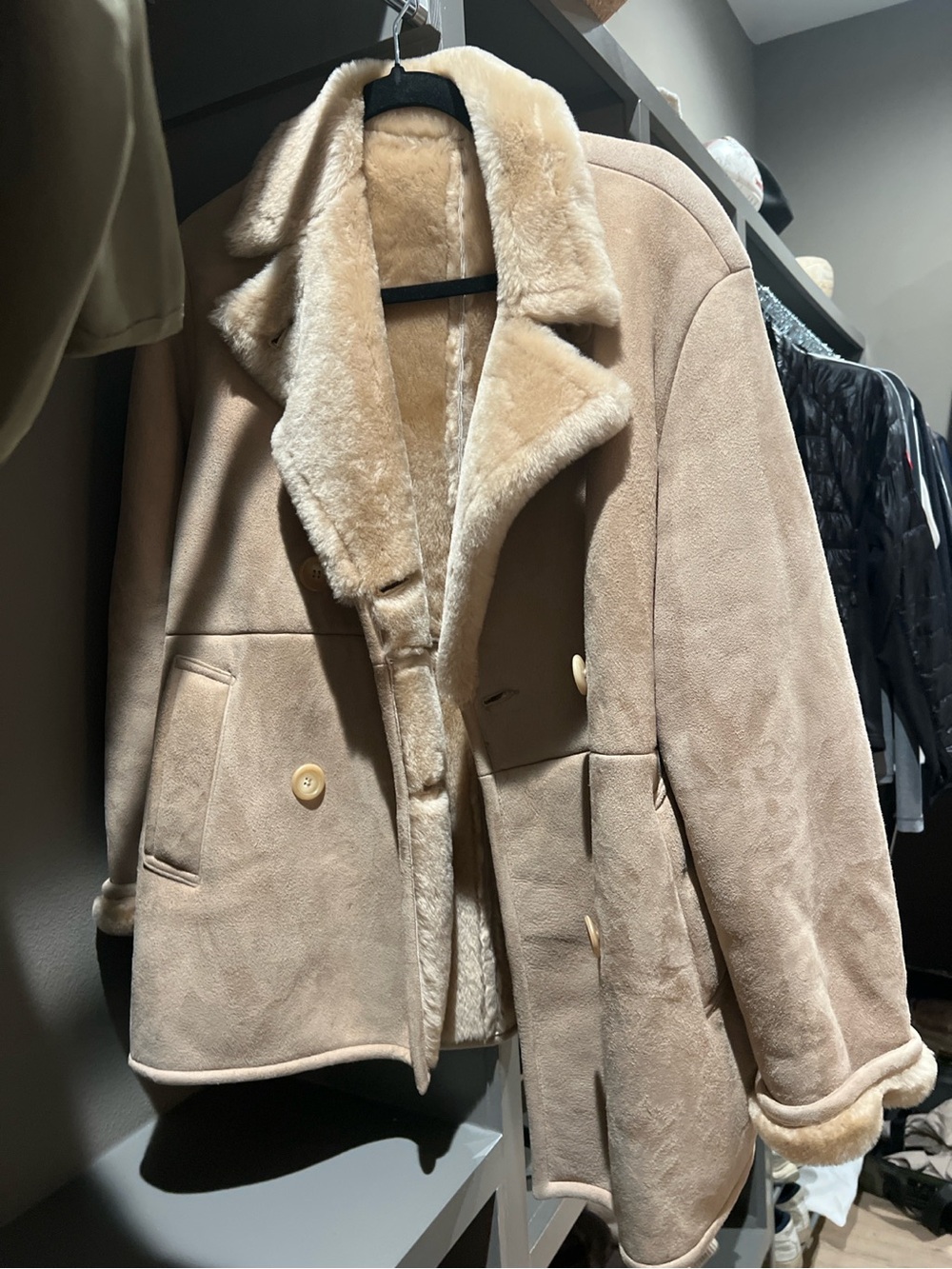 Vintage Genuine Suede Shearling Peacoat | Oatmeal Winter Coat